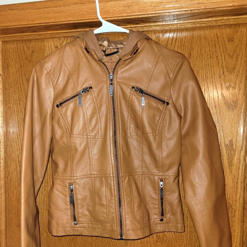 Womens small JouJou Brown faux leather jacket with detachable hood